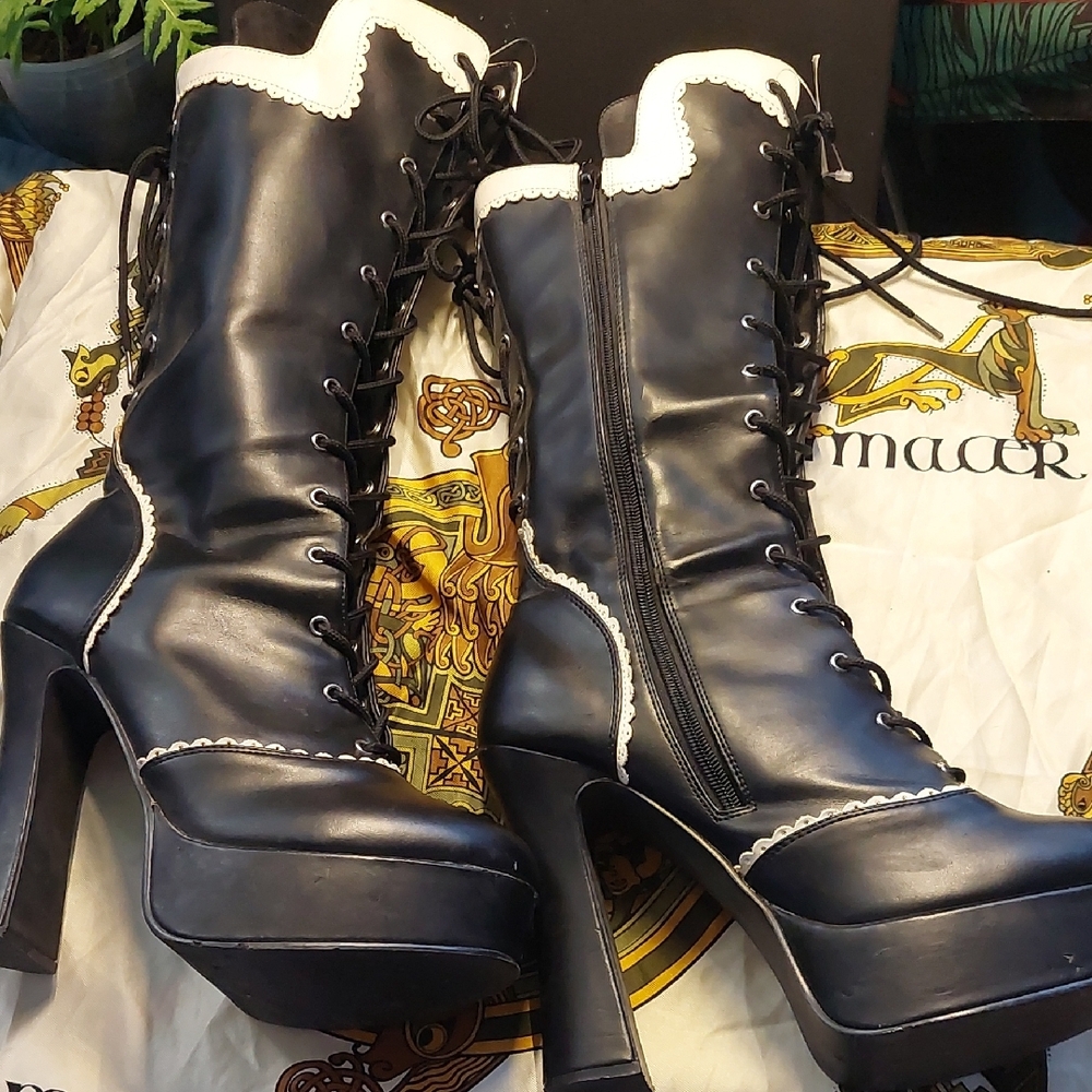 Black and White Lace-Up High Heel Boots